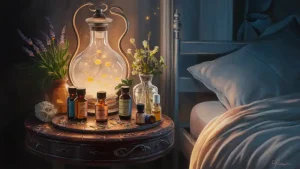 painting of a peaceful bedroom scene with essential oils for insomnia